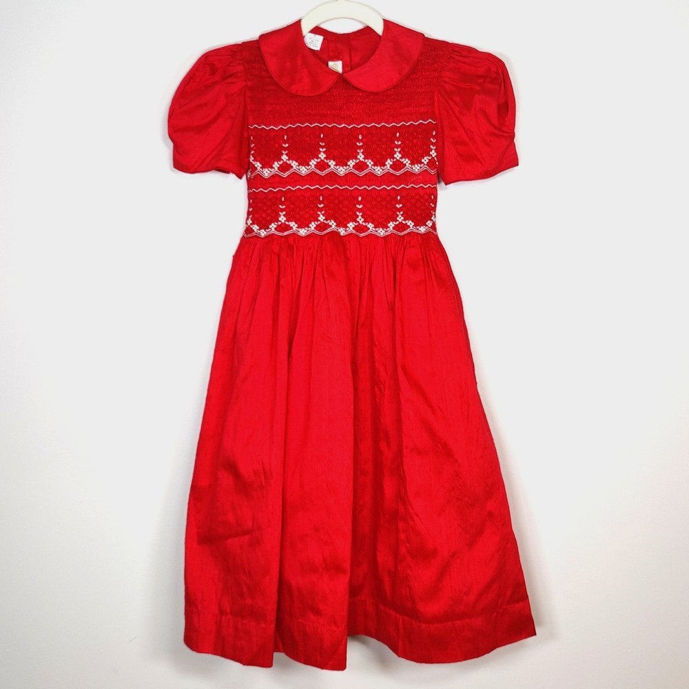 Anavini‎ Silk Shantung Smocked Dress Embroidered Red Girls Size 6X